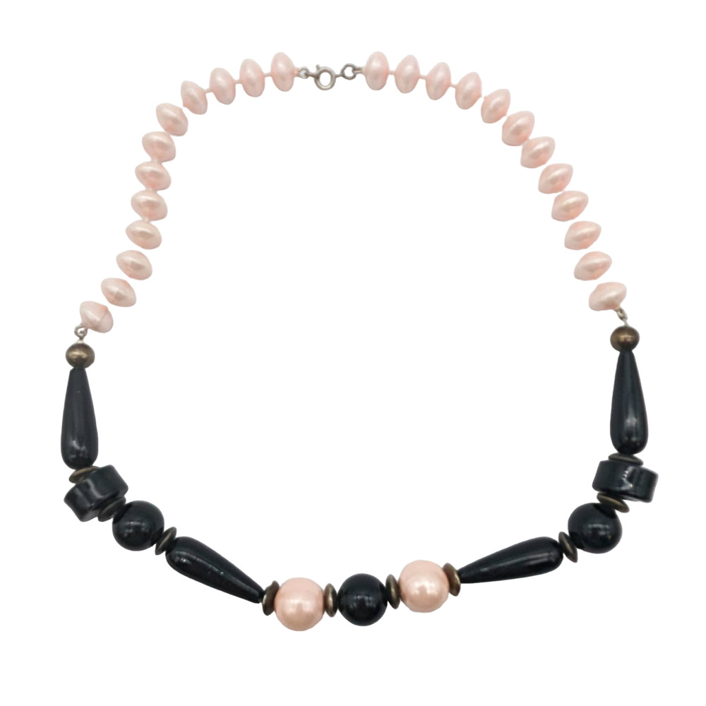Vintage Chunky Pink And Black Beaded Necklace w/ Sphere Disc and Teardrop Shapes